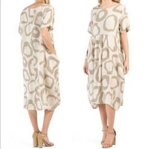 KLASIKS Italian Linen Dress Oversized Overlay Pockets Brown Lagenlook Medium